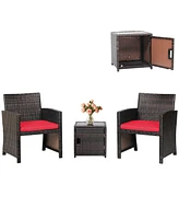 Gymax 3PCS Patio Pe Rattan Conversation Furniture Set Bistro Set w/ Waterproof Cover Red