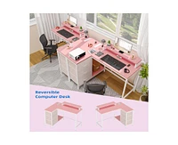 gaomon L Shaped Desk with Power Outlets & Led Lights, Computer Desk with Drawers & Shelves