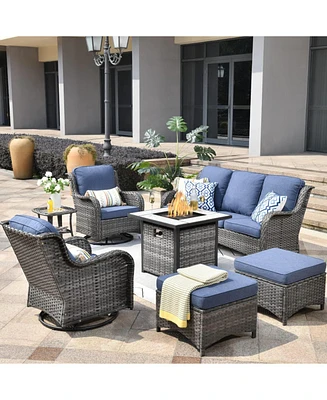 Xizzi Patio Furniture Sets Outdoor Swivel Rocking Chairs with 50,000 Btu Propane Fire Pit Table 7 Pieces All Weather Pe Wicker Conversation Sofa and M