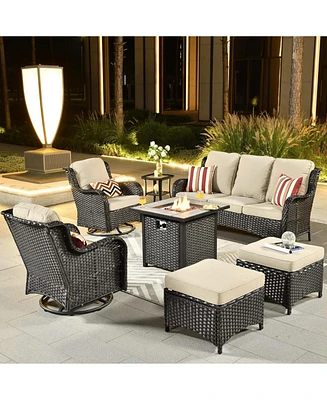 Xizzi Patio Furniture Sets Outdoor Swivel Rocking Chairs with 50,000 Btu Propane Fire Pit Table 7 Pieces All Weather Pe Wicker Conversation Sofa and M