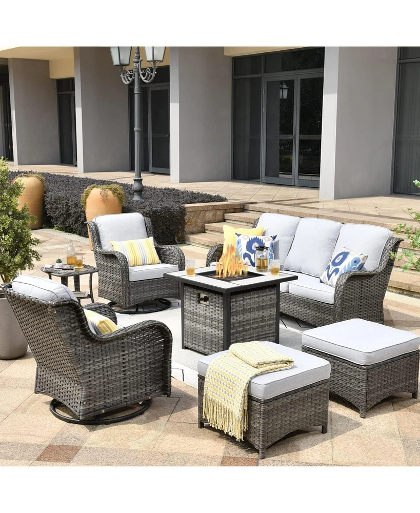 Xizzi Patio Furniture Sets Outdoor Swivel Rocking Chairs with 50,000 Btu Propane Fire Pit Table 7 Pieces All Weather Pe Wicker Conversation Sofa and M