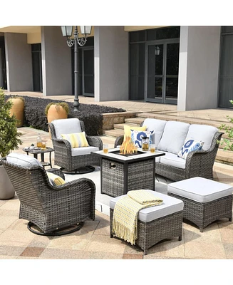 Xizzi Patio Furniture Sets Outdoor Swivel Rocking Chairs with 50,000 Btu Propane Fire Pit Table 7 Pieces All Weather Pe Wicker Conversation Sofa and M