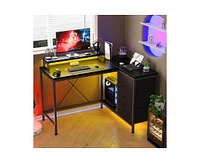 gaomon L Shaped Desk with Power Outlets & Led Lights, Computer Desk with Drawers & Shelves