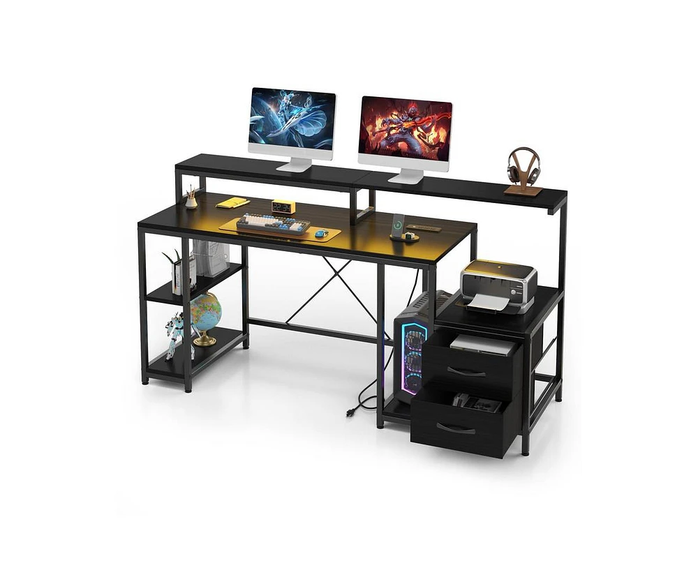 gaomon Computer Desk 63" with File Drawer, Gaming Desk with Led Light & Power Outlets, Home Office Desk with Printer Space