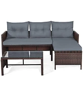 Gymax 3PCS Outdoor Rattan Furniture Set Patio Couch Sofa Set w/ Cushion