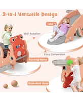 Kuyotq 3-in-1 Kids Slide Rocking Horse Set Convertible Toddler Slide with Basketball Hoop