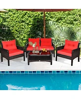 Gymax 4PCS Rattan Patio Conversation Set Red Cushioned Outdoor Furniture Set