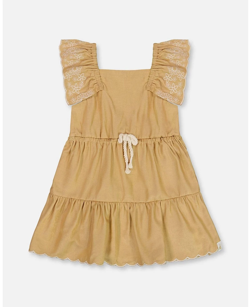 Deux par Baby Girls Chambray Dress With Embroidery Golden Beige