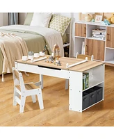LuxenHome Activity Children Table with Storage Bookcase and 2 Chairs Set