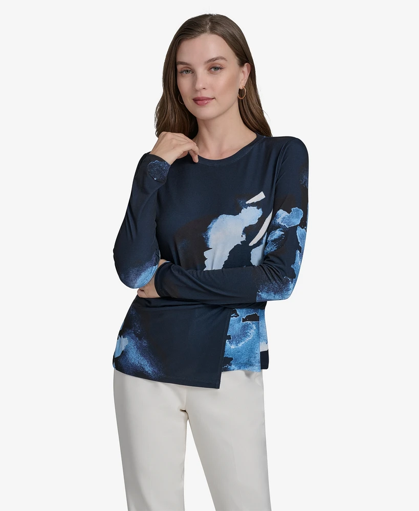 Halston Women's Printed Side-Knot Long-Sleeve Top