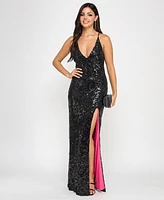 pear culture Juniors' Sequin Plunge-Neck Side-Slit Gown