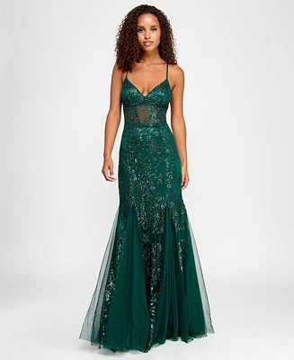 Say Yes Juniors' Sequin Mesh-Inset Mermaid-Skirt Gown, Created for Macy's