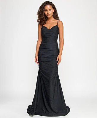 Say Yes Juniors' Studded Cowlneck Ruched Floor-Sweeping Gown, Created for Macy's