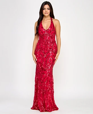 B Darlin Juniors' Sequined Halter-Neck Evening Gown, Created for Macy's