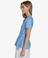 Halston Women's Short-Sleeve Belted Round-Neck Blouse