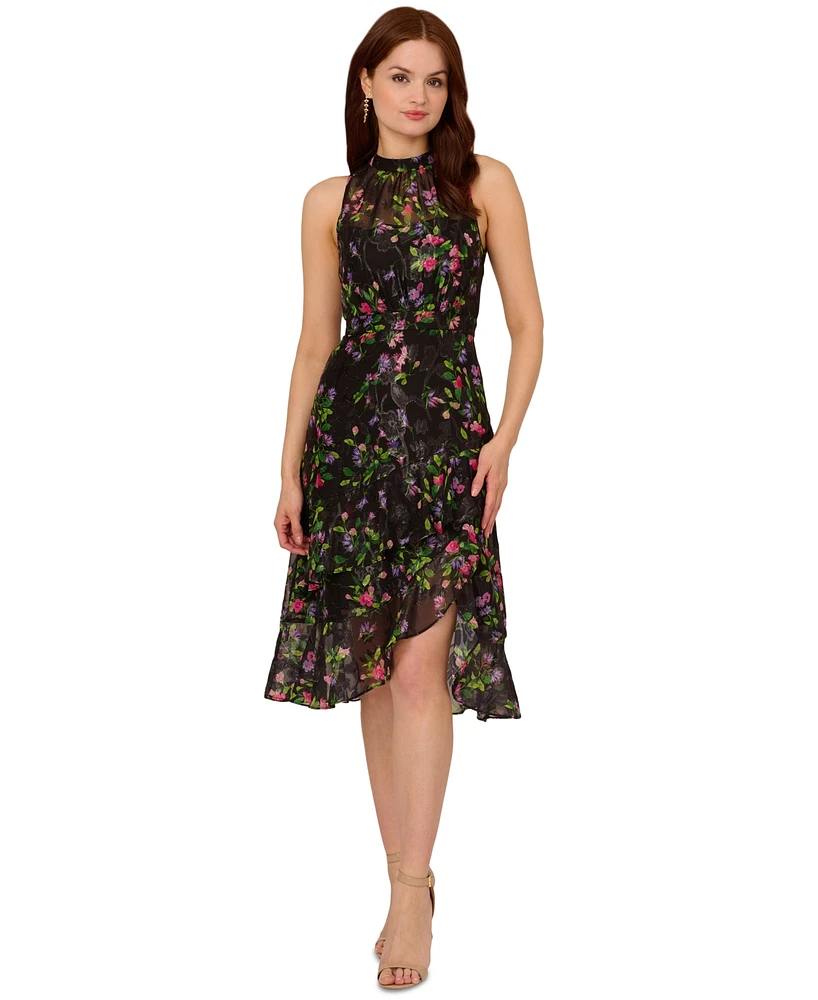 Adrianna Papell Women's Floral Print Ruffled Sleeveless A-Line Dress