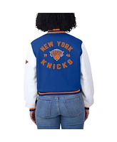 Wear by Erin Andrews Women's Blue/White New York Knicks Cropped Varsity Full-Zip Jacket