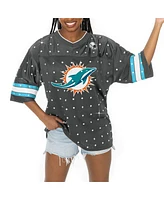 Gameday Couture Women's Anthracite Miami Dolphins Kickoff Time Allover Rhinestone Sports Stripe Jersey V-Neck T-Shirt