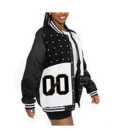 Gameday Couture Women's Black/White New Orleans Saints Oversized Hot Shot Rhinestone Throwback Full-Snap Varsity Bomber Jacket