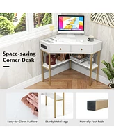 Gouun Triangle Corner Desk with Charging Station with 2 Drawers and Storage Shelf