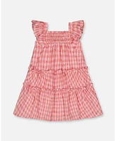 Deux par Baby Girls Smocked Layered Dress With Frill Sleeve Checked Pink