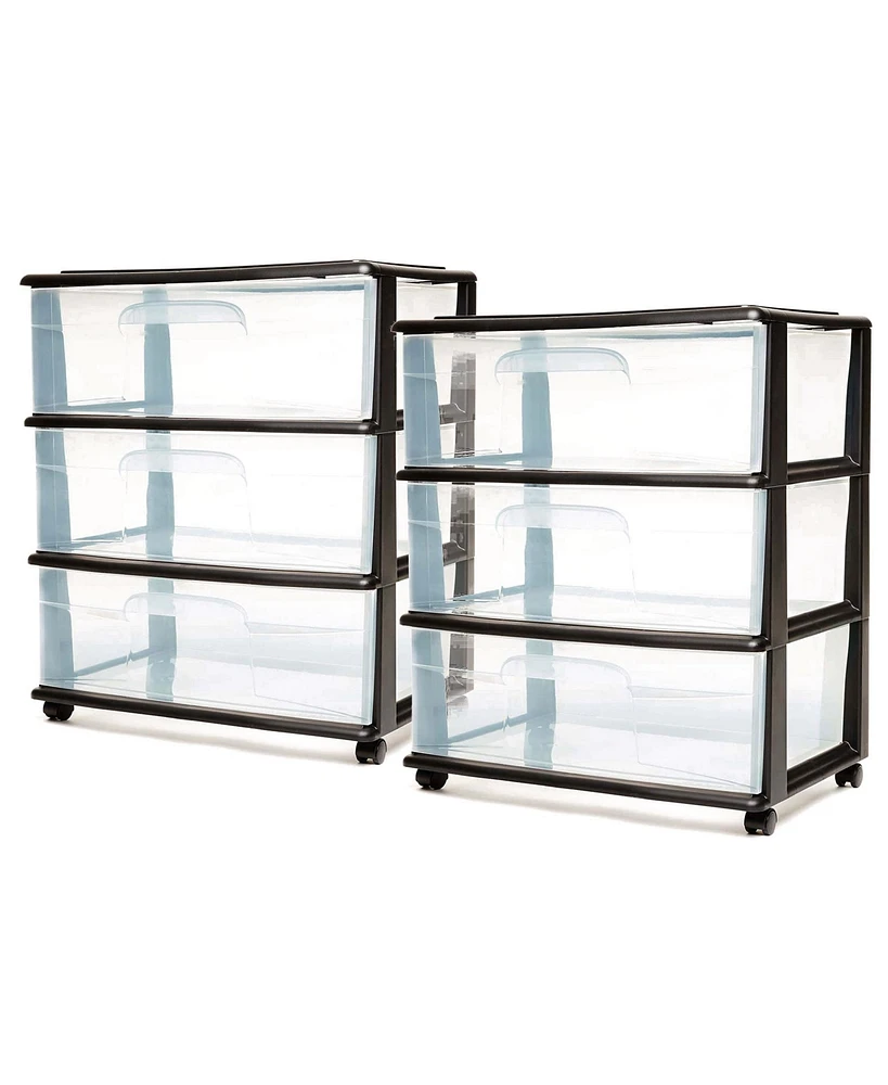 Homz Tall Solid Plastic 3 Drawer Medium Storage Cart with Wheels, Black (2 Pack)