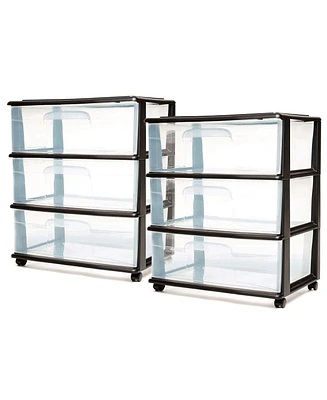 Homz Tall Solid Plastic 3 Drawer Medium Storage Cart with Wheels, Black (2 Pack)