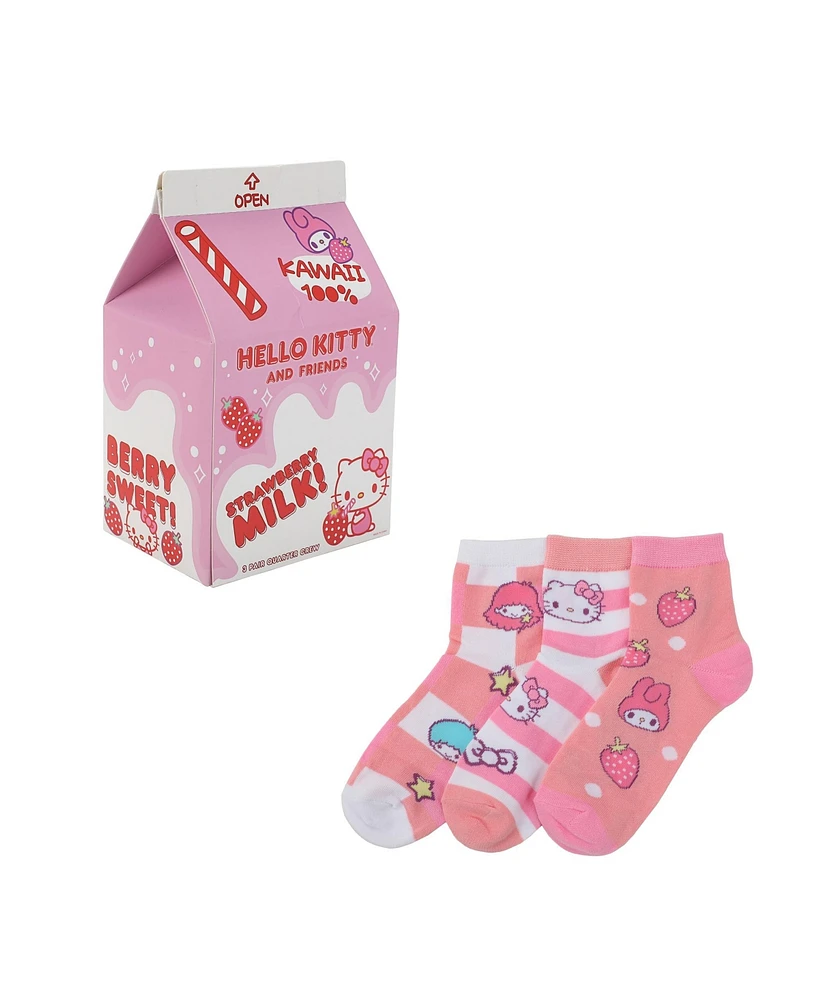Hello Kitty Women's Friends Character Print 3-Pair Casual Quarter Crew Socks
