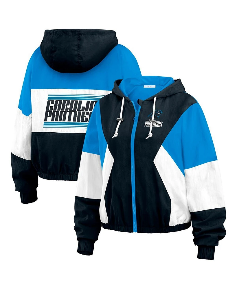 Wear by Erin Andrews Women's Black/Blue Carolina Panthers Color Block Full-Zip Windbreaker Jacket