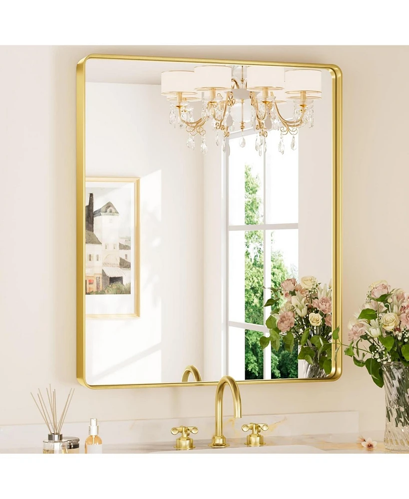 Keonjinn 30x36 Inch Brushed Gold Bathroom Vanity Mirror Tempered Glass Metal Framed