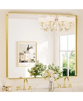 Keonjinn 36x36 Inch Brushed Gold Bathroom Vanity Mirror Tempered Glass Metal Framed