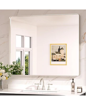 Keonjinn 36x36 Inch Brushed Gold Bathroom Vanity Mirror Tempered Glass Metal Framed