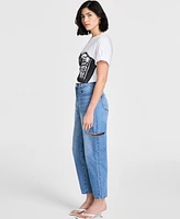 Bar Iii Women's Cotton Cut-Out Slash Barrel-Leg Denim Pants, Exclusively at Macy's