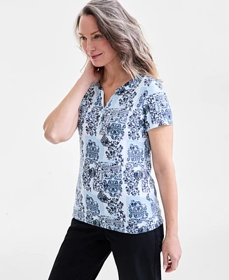 Style & Co Petite Tonal Pattern Short-Sleeve Henley T-Shirt, Exclusively at Macy's