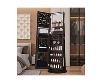 Vlsrka A 360° swivel standing jewelry mirror cabinet with storage shelves, full-length mirror, and Led lights.