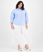 Anne Klein Plus Cotton Striped 3/4-Sleeve Shirt