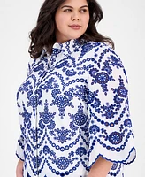 Anne Klein Plus Cotton Embroidered Eyelet Blouse