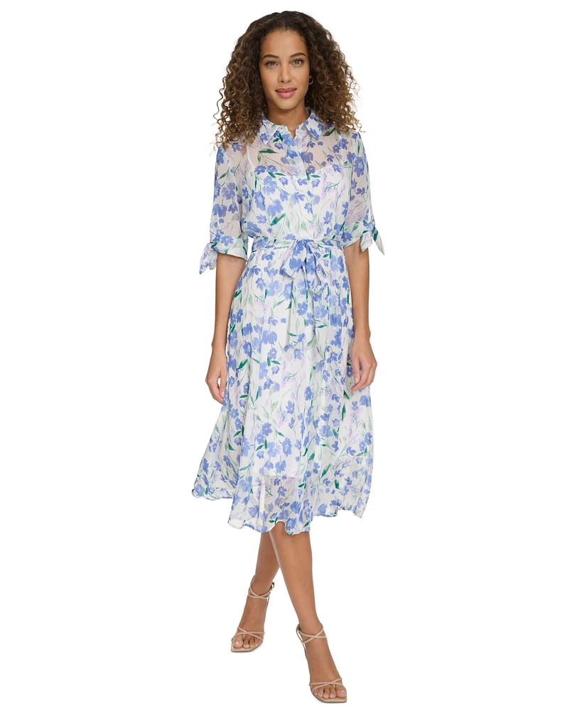 Calvin Klein Women's Floral-Print Button-Front Chiffon Dress