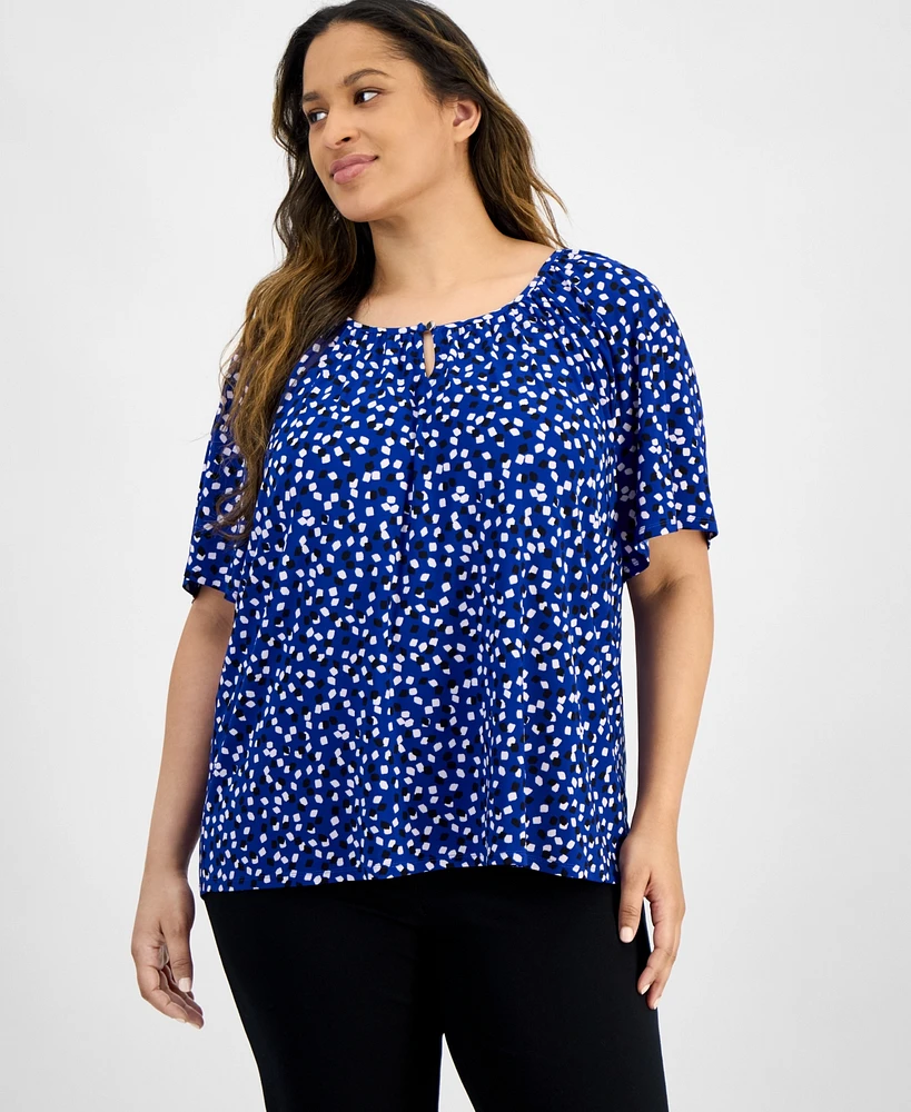 Ak Anne Klein Plus Size Keyhole-Cutout Flutter-Sleeve Top