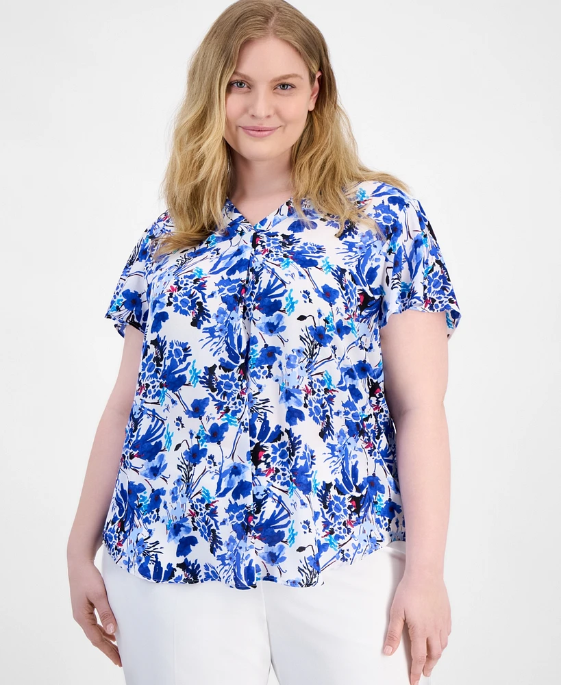 Ak Anne Klein Plus Printed Flutter-Sleeve Top