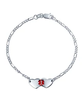 Bling Jewelry Blank Dainty Connected Double Heart Shape Medical Identification Id Bracelet For Women .925 Sterling Silver Small Wrist 6 Inch