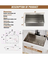 Casainc 33inch L x 22inch W Drop-in Stainless Steel Kitchen Sink with Sink Grid