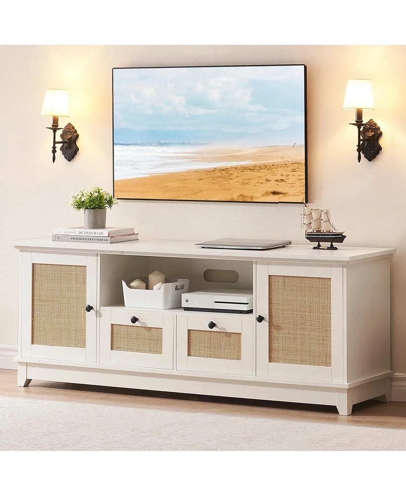 gaomon Rattan Tv Stand for 65 Inch Tv, White Entertainment Center Modern Tv Console Table