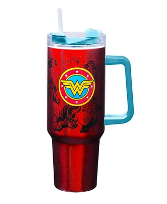 Spoontiques Wonder Woman Stainless Steel Double Wall Travel Mug with Straw and Handle, 40 oz