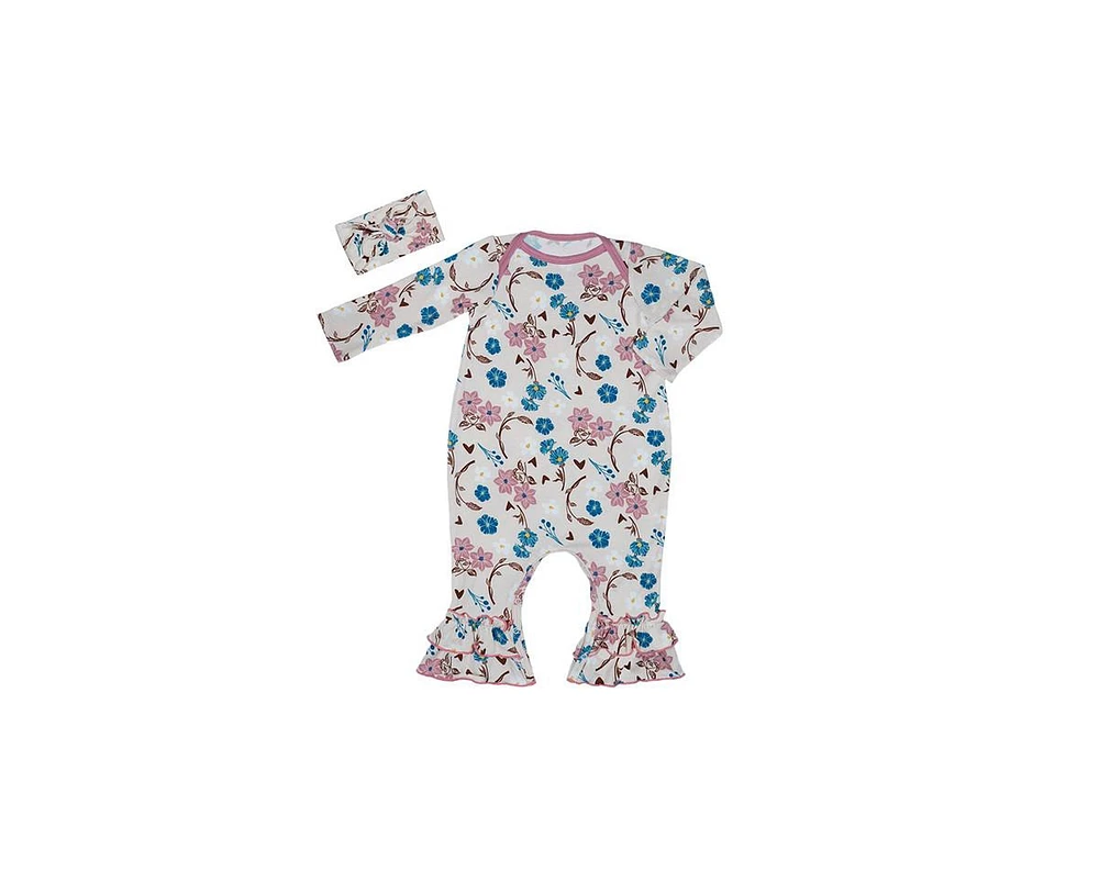 Baby Grey by Everly Girls Floral Jersey Long Sleeve Ruffle Romper & Headwrap Set