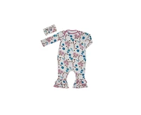 Baby Grey by Everly Girls Floral Jersey Long Sleeve Ruffle Romper & Headwrap Set