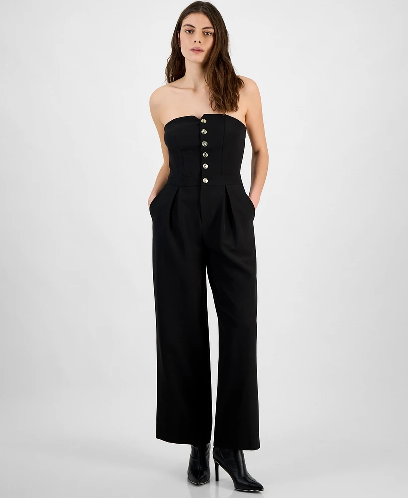 Bar Iii Women's Strapless Button-Front Wide-Leg Jumpsuit, Exclusively at Macy's