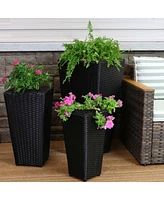 Sunnydaze Decor Black Polyrattan Planters with Handles - 3-Piece Set with 9-Inch, 11.5-Inch and 14.75-Inch Square Containers