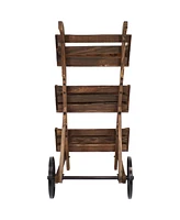 Sunnydaze Decor 3-Tier Wooden Plant Stand with Iron Wheels - Mobile Rolling Garden Cart - Brown Finish - 39.25-Inch