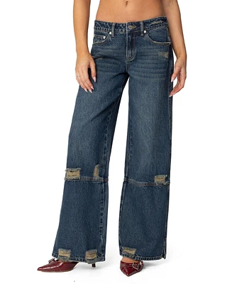 Edikted Womens Slitted Distressed Low Rise Jeans